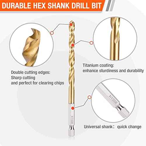 ValueMax Drill Bit Set, Hex Shank Impact Drill Bits with Storage Box, Titanium Coated HSS Twist Drilling Bit Kit for Soft Metal, Wood, PVC, Quick Change Design(13PC, 1/16"-1/4")