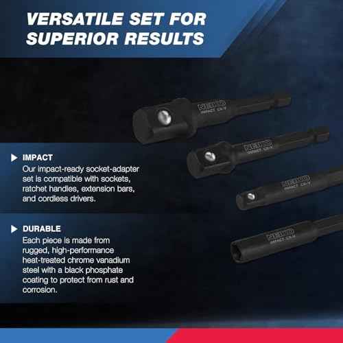 NEIKO 00244A Impact Socket Adapter and Magnetic Bit Holder Set | 4-Piece Set | 1/4-Inch Hex Shank with 1/4, 3/8, 1/2-Inch Drives | CR-V