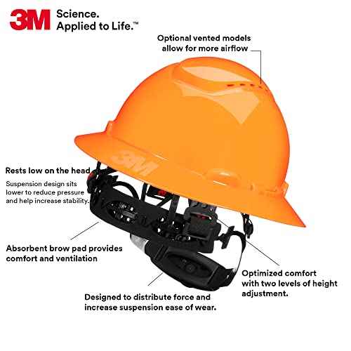 3M Hard Hat SecureFit H-807SFV-UV, Hi-Vis Orange, Vented Full Brim Style Safety Helmet with U