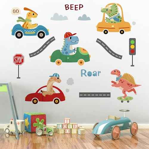 Yovkky Dinosaur Car Beep Wall Decals Stickers, Dino Roar Vehicle Transportation Toddlers Baby Nursery Decor, Traffic Sign Home Decorations Boys Kids Bedroom Playroom Art