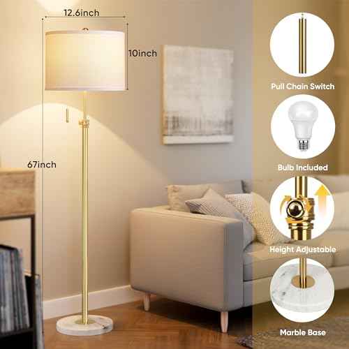 PARTPHONER Floor Lamp for Living Room, 66'' Adjustable Height Standing Lamp with Marble Base, 3-Color Tall Lamps with Pull Chain, Suitable for Bedroom, Reading, Office (Bulb Included, White Shade)