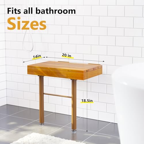 20 Inchs Teak Folding Shower Seat Wall Mounted, Fold Down Shower Seat for Inside Shower, Home Care Folding Teak Shower Seat, Folding Shower Seat with 450 Lb. Weight Capacity (with Support)