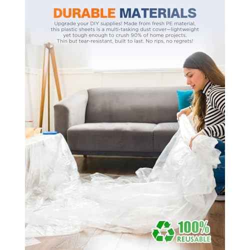 0.7 Mil Plastic Drop Cloths for Painting, 9x12 Ft Extra Large Painting Supplies, Plastic Sheet Dust Cover for Furniture, Floor, Couch Protector (10-Pack)