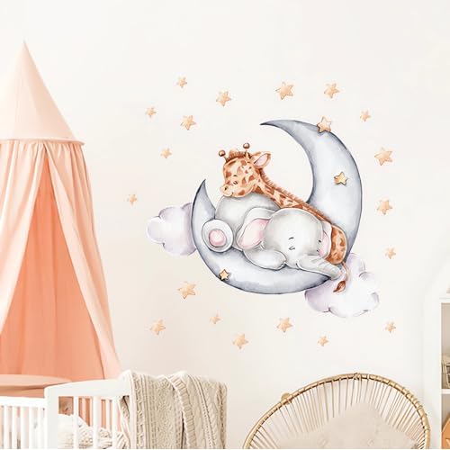 Cute Sleeping Baby Elephant Giraffe Wall Stickers, sacinora Moon and Stars Cartoon DIY Wall Decals Removable Vinyl Peel and Stick for Kids Baby Nursery Bedroom Toddler Room Art Decorations