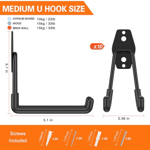Heavy Duty Garage Hooks 10 Pack, 5.1 inch Medium U Shaped Hanger, Wall Mounted Storage System, Power and Garden Tool Organizer, for Hanging Ladders, Hose, Bulk Items and More