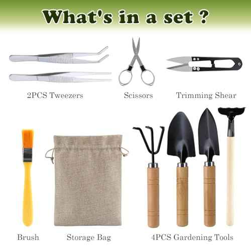 9 Piece Basic Bonsai Tools Set, Includes Pruning Shears, Mini Rake, Fold Scissors and More