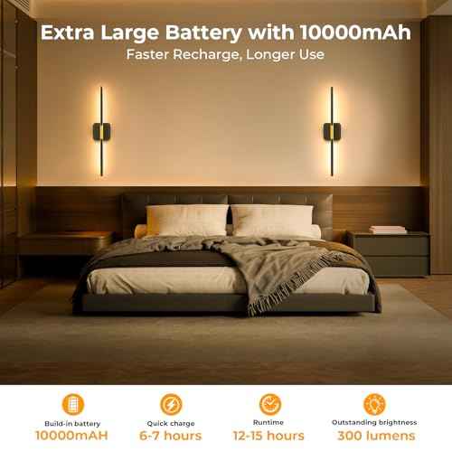 Battery Operated Wall Sconces Set of 2, Detachable 360¡ÆRotate Wall Lamps, 3000-6500K Dimmable with Remote Control, 10000mAh Rechargeable Wall Lights for Bedroom, Living Room, 28" Black Gold