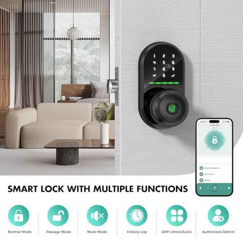 Keypad Smart Door Lock with Knob, Keyless Entry Door Lock, Fingerprint Door Knob for Front Door, Electronic Code, App Remote Control, Easy Installation, Auto Lock,Black