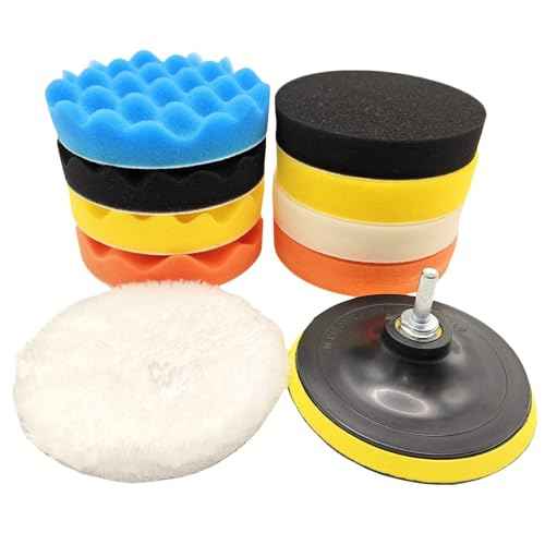 10Pcs 3Inch Face Backing Plate Compound Buffing Polishing Sponge Pads Waffle Foam Buffing Polishing Pads Kit with Woolen Cutting Pad and 3Inch Backing Plate M10 Drill Adapter