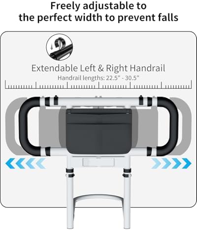 Bed Rails for Elderly Adults Safety: Elderly Assistance Products with Adjustable Double Grips, Storage Pocket, Motion Sensor Light, Items for Elderly Bed Rail, Can Withstand 300lb(White)
