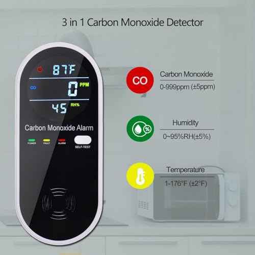 3-in-1 Carbon Monoxide Detector, Carbon Monoxide Detector Plug in Wall with Temperature & Humidity Display, CO Alarm Monitor with Color LCD Display, Accurate & Easy to Install