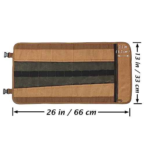 Canvas Tool Roll, 23 Pockets Tool Case, Heavy Duty 16oz Waxed Canvas Tool Storage (26"L x 13"W), Tool Roll Up Bag with Buckles and Handle - Army Green