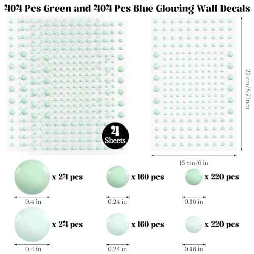 808 Pcs Glow in The Dark Stars for Ceiling, Glowing Stars Wall Decals, 3D Green and Blue Dots Starry Sky Shining Decor Stickers for Kids Bedding Room Birthday Gift Ceiling Decor