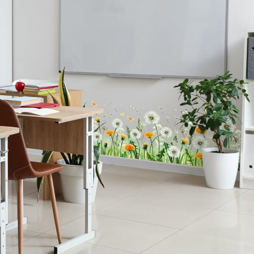 4 Sheets PVC Removable Dandelion Flower Wall Stickers, 40"¡¿10" Floral Decals for Bedroom, Kids Room, Bathroom, Classroom, Glass & Bulletin Boards, Double-Sided