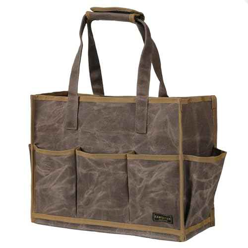 Heavy-Duty Waxed Canvas Tool Pouch - 14-Pocket Garden Tool Organizer with Removable Handle | Multi-Compartment Storage Bag for Tools (16.5" x 12.5" x 6.5", Grey)