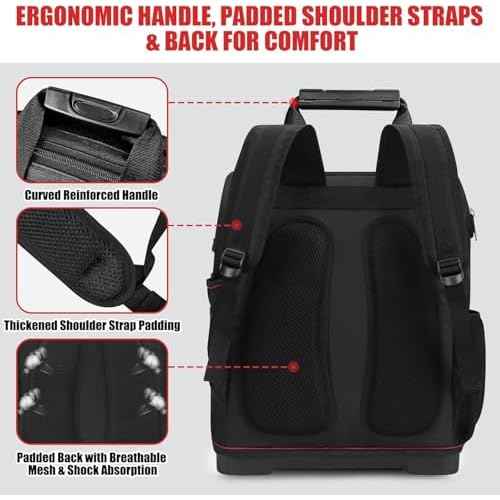 TooCust Construction Backpack Heavy Duty with Hard Bottom, Tool Backpack for Men, Waterproof Electrician Bag with 22 Pockets for HVAC, Mechanics, and Jobsite