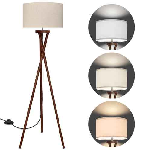Wood Tripod Floor Lamp, Modern Design Light, Flaxen Lamp Shade with 3 Color Temperatures LED Bulb, Mid Century Standing Lamp for Living Room, Bedroom, Study Room and Office, Brown