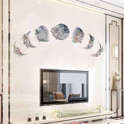 Moon Phase Wall Stickers, 7 Pieces Removable Moon Phase Plants Flower Wall Stickers Decals, Peel and Stick Modern Boho Stickers, Wall Art Decoration for Living Room Bedroom Kids Room Home Office Dorm