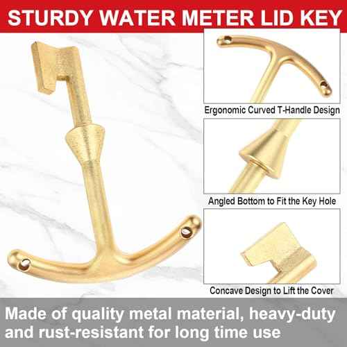 Water Meter Key 16 Inch Enforced Steel Wrench T-handle with 4-way Multi-functional Universal Cross Key Brass Water Meter Box Tool for Curb Main, Underground Stop, Waste Valves (Red, Gold)