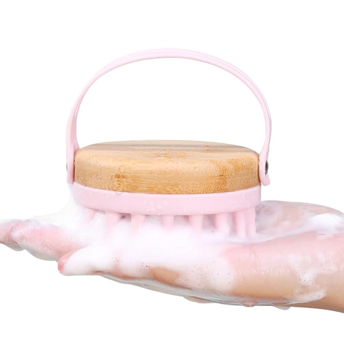 Bamboo Silicone Scalp Brush for Hair Washing Ã¢ÂÂ Gentle Shampoo Massager with Soft Bristles for Dandruff & Oil Care, Eco-Friendly Head Scrubber Comb for Deep Clean & Relaxing Shower (Pink)