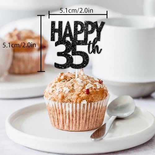 18pcs Black Glitter Happy 35th Dessert Cupcake Topper Pick for Funny Legend Since 1991 Theme Decor Supplies Men Women Happy 35 Birthday Party Decoration