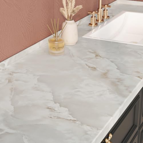 Livelynine Tan Marble Contact Paper for Countertops Off White Counter Top Peel and Stick Waterproof Desk Cover Kitchen Table Vinyl Wrap Removable Cream Onyx Quartz Marble Wallpaper Bathroom 15.8x78.8