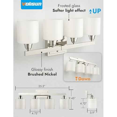 VOLISUN Brushed Nickel Bathroom Light Fixtures, 4-Light Bathroom Vanity Lights Over Mirror, Modern Vanity Light for Bathrooms, Bathrooms Lights Fixtures Over Mirror with Milky White Glass Shades