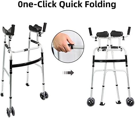 Dual-Wheel Stand Up Walker with Armrest Pad - Aluminum Standard Walker with Small Bag, Fadable Walkers for Seniors, Elderly, Platform Walker with Arm Support, Standing Upright Walkers, Silver