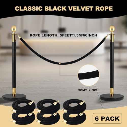 6 Pack Velvet Rope, 5 Feet Black Velvet Stanchion Rope with Gold Polished Hooks, Crowd Control Queue Line Barrier Rope Hanging Ropes for Hotels, Movie Theaters, Grand Openings, Carpet Event