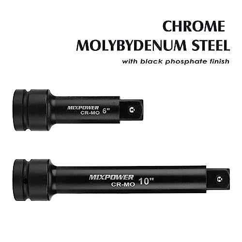 MIXPOWER 1" Drive by 6", 10" Impact Socket Extension Bar, Chrome Molybdenum Steel, 6", 10" ext. bar.