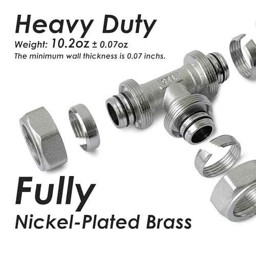 3/4 Brass-Nickel Plated Equal Tee Fitting for 3/4" Tubing (25mm OD) Compatible with Compressed Air Piping System, Compressor Accessories for Shop Garage Air Line System#F3024 | 2PCS