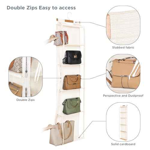 Syeeiex Hanging Handbag Purse Organizer with Zippers, 5 Mesh Shelves,Clear Slubbed Fabric+PVC Hanging Closet Bag Organizer, Dustproof Handbag Closet Tote Storage Bag for Door, Wardrobe, Beige