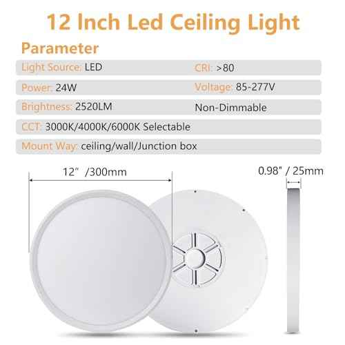 6PK 12 Inch LED Flush Mount Ceiling Light, 24W, 2520LM, 3000K/4000K/6000K CCT Selectable Super Slim LED Ceiling Light, Close to Ceiling Round Flat Panel Light for Hallway, Bedroom,Kitchen ect