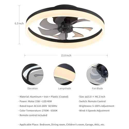 PUSU 15.8" Low Profile LED Ceiling Fans with Light, Reversible Flush Mount with Remote and 6 Winds Speeds Fan Lighting, 3 Colors Dimmable for Bedroom, Garage, Kids, Dinning Room, Kitchen (Black)