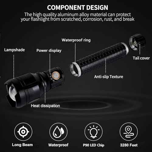 LBE Rechargeable Brightest LED Flashlight, 90,000 High Lumens Super Bright Powerful Flashlight with 5 Modes, IPX7 Waterproof Handheld Large Flash Light for Emergencies Camping