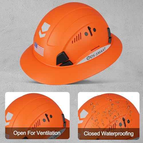 Construction Wide Brim Hard Hat,Full Brim Hard Hat ANSI Z89.1 Type 1 & OSHA Certified Safety Helmet with Glasses, with 6-Point Suspension & 4 Ventilation Ports
