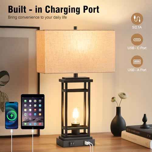 Table Lamp, Set of 2 Modern Bedside Lamps Desk Lamp with Night Light and USB C+A Charging Port Lamps for Night Stands Bedroom Living Room Home Office