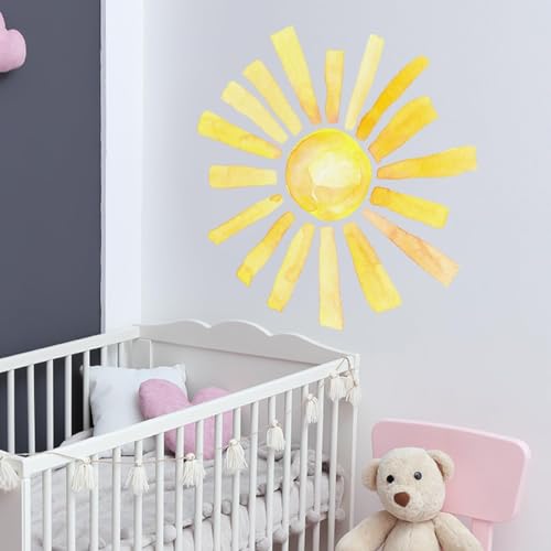 Cumule Boho Watercolor Sun Wall Decals, 22.44x22.04 Inch, Yellow, PVC, Indoor, Nursery Wall Stickers, Rectangular, Cartoon, Sun-1, 2 Pack