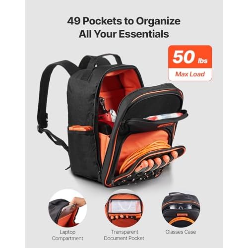 VEVOR Tool Backpack, 49 Pockets, Heavy-duty Tools Storage Organizer Work Bags Backpack with Laptop Compartment & Reinforced Fabric Base, Electrician Jobsite Backpack for Electrician, Repairman