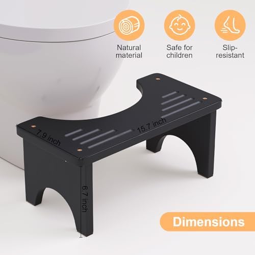 Black Toilet Stool Squat Adult, Natural Bamboo Wood Poop Stool for Adults, Bathroom Squatting Potty with Non-Slip Features, Portable Pooping Foot Step Stools