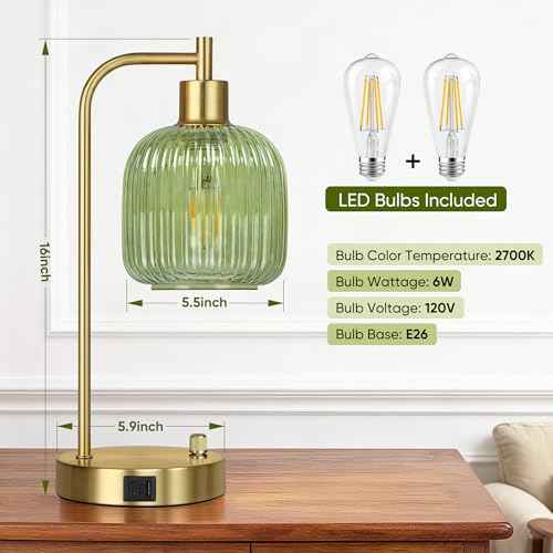 QiMH Industrial Table Lamp for Bedroom Set of 2, Green Glass Beside Lamp with USB A&C Ports, Stepless Dimmable Gold Lamps, Nightstand Lamps for Living Room, Office, Home Decor(Bulb Included)