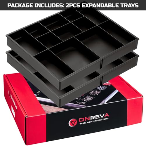 ONREVA Tool Box Organizer Tray Divider Set, Expandable Large Toolbox Storage Tray Kit, Rolling Tool Chest Drawer Bins, Hardware Screwdrivers Pliers Organization, 2pcs low profile Trays.
