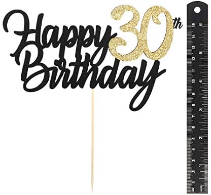 PALASASA Black Gold Glitter Happy Birthday cake topper - 30 Anniversary/Birthday Cake Topper Party Decoration (30th)