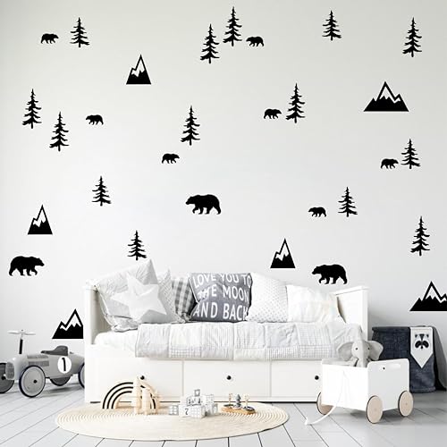 Wilderness Wall Decals Mountains Bears Trees Wall Stickers Vinyl Wall Art for Kids Room Nursery Decor Y93 (Black)