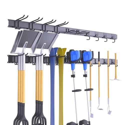 Garage Tool Organizer, 64 Inches Garden Tool Storage Rack Wall Mount, Adjustable 14 Pcs Heavy Duty Hooks, Yard Organization for Weed Wacker, Weed Eater, Shovels, Trimmers, Hoses