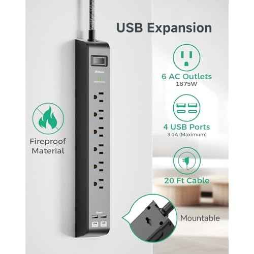 20FT Power Strip Surge Protector - 2 Pack Extension Cord with 6 Outlets 4 USB Ports, Flat Plug, 900 Joules, 15A Circuit Breaker, Wall Mount for Home Office, Dorm Essentials