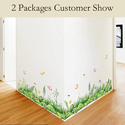 decalmile Green Grass Wall Decals Meadow Ferns Butterflies Wall Stickers Corner Bedroom Living Room Kitchen Wall Decor