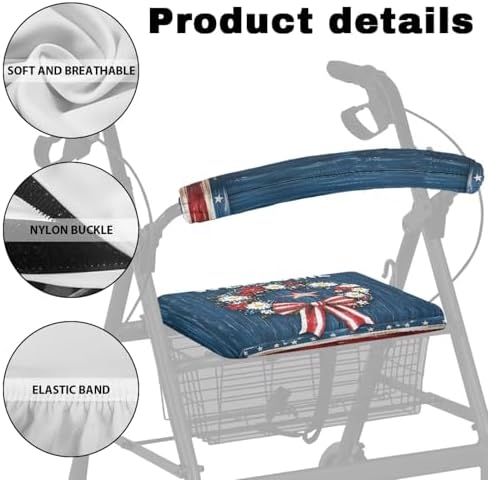 Seat Cover for Walkers for Seniors American Flag Wreath Walker Seat Covers for Ladies Men Rollator Accessories for Seniors Independence Day Rollator Walker Seat and Backrest Covers Gifts