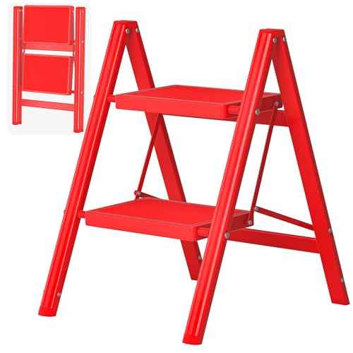 2 Step Ladder, Folding Step Stool with Anti-Slip Wide Pedal, Anti-Slip Feet, Sturdiest Steel Construction, Steel Ladder for Home and Office, Red