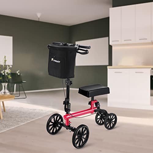 Steerable Knee Walker with Double Handbrake and Height Adjustment Handgrip for Foot Injuries Compact Crutches Alternative, Supports up to 300 lbs (Red)